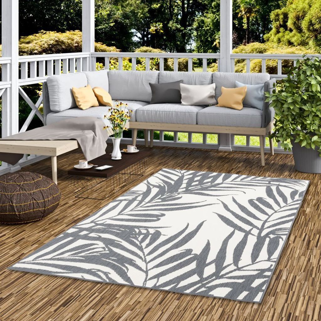 In- und Outdoor Teppich Beidseitig Cape Cod Blätter Grau Creme, Größe:133x190 cm