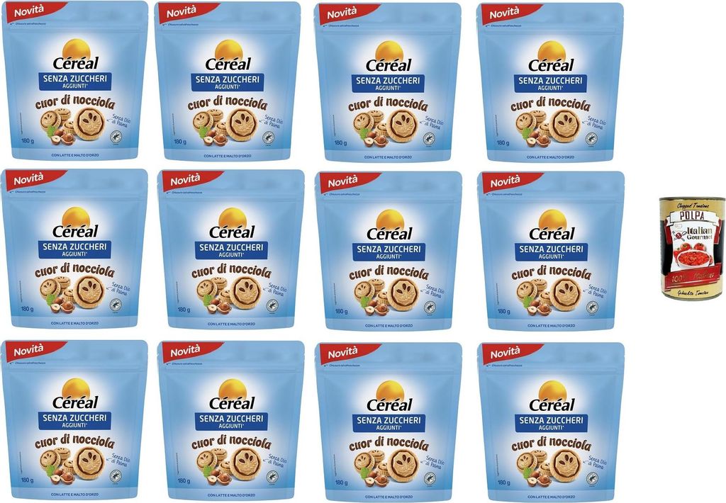 CÉRÉAL SENZA ZUCCHERI Cuor di Nocciola Kekse ohne Zuckerzusatz, mit Haselnuss- und Kakaocreme, Frischesparpackung,12x 180g+ Italian Gourmet polpa...