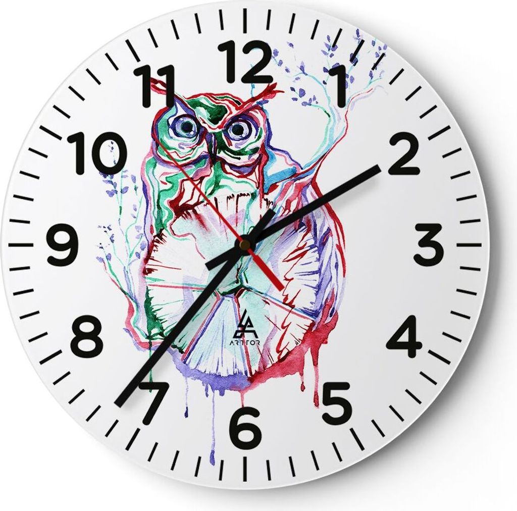 Wanduhr - Rund - Glasuhr - Eule intelligent Geschöpf Kinder - 40x40cm - Schleichendes Uhrwerk - Lautlos - zum Aufhängen bereit - Dekoration Moder...
