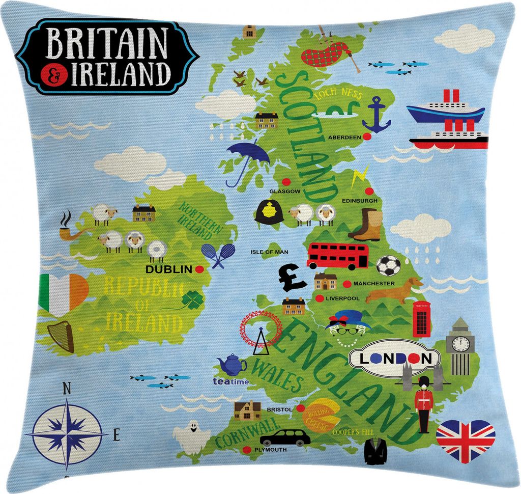 ABAKUHAUS Karikatur Kissenbezug, Karten von Großbritannien Irland, Waschbar mit Reißverschluss Kissenhülle mit Farbfesten Klaren Farben Beidseit...