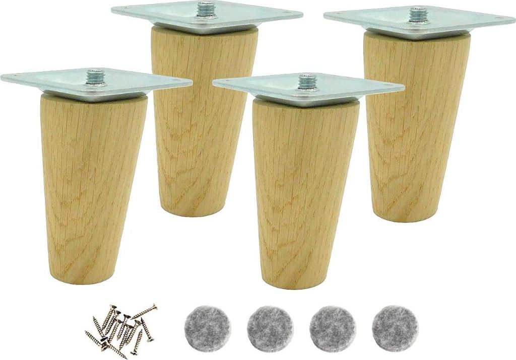 4x Möbelfüße aus Eiche – schräg, roh, 8 cm – mit M8-Schraube & Montageplatte