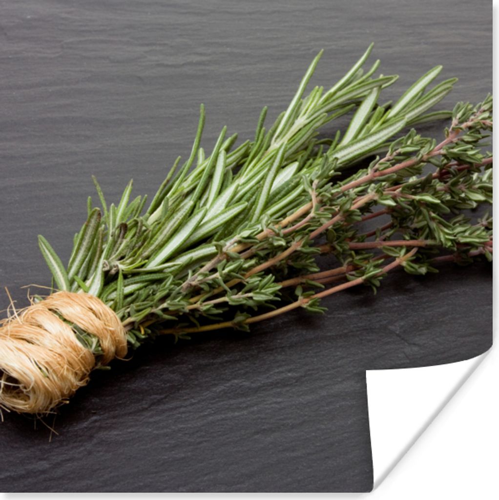 MuchoWow Poster Thymian - Kräuter - Grün - Tisch - Küche - Stein 50x50 cm - Wohnzimmerdekoration