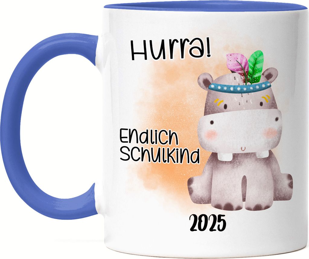 Endlich Schulkind 2025 Nilpferd Tasse Blau Schulstart Geschenk zur Einschulung Sohn Schulanfang Schuleinführung