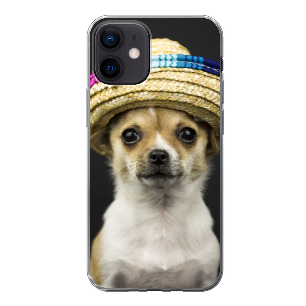 MuchoWow Handyhülle Schutzhülle Hülle für iPhone 12 Hund - Sombrero - Schwarz Silikon Softcase Handy Hülle - Schutzhülle