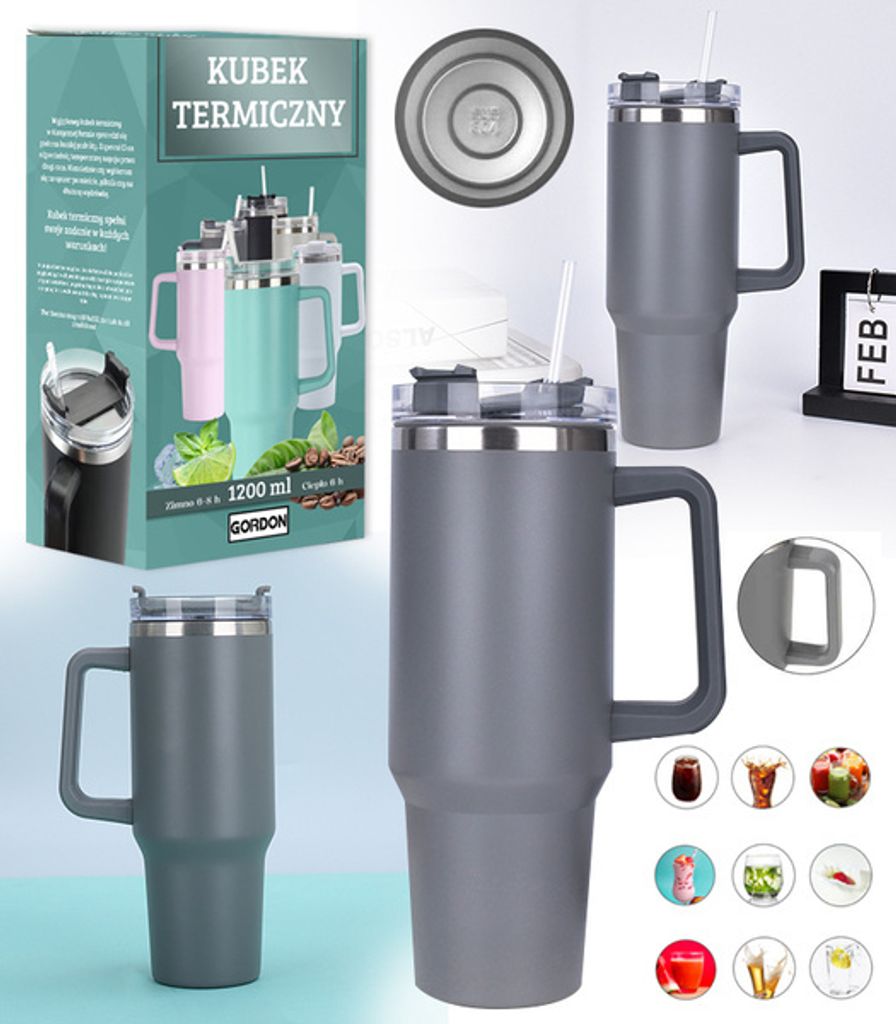 Gordon G870 Termohrnček s uchom a slamkou, nerez, 1200 ml, Obrázok produktu 