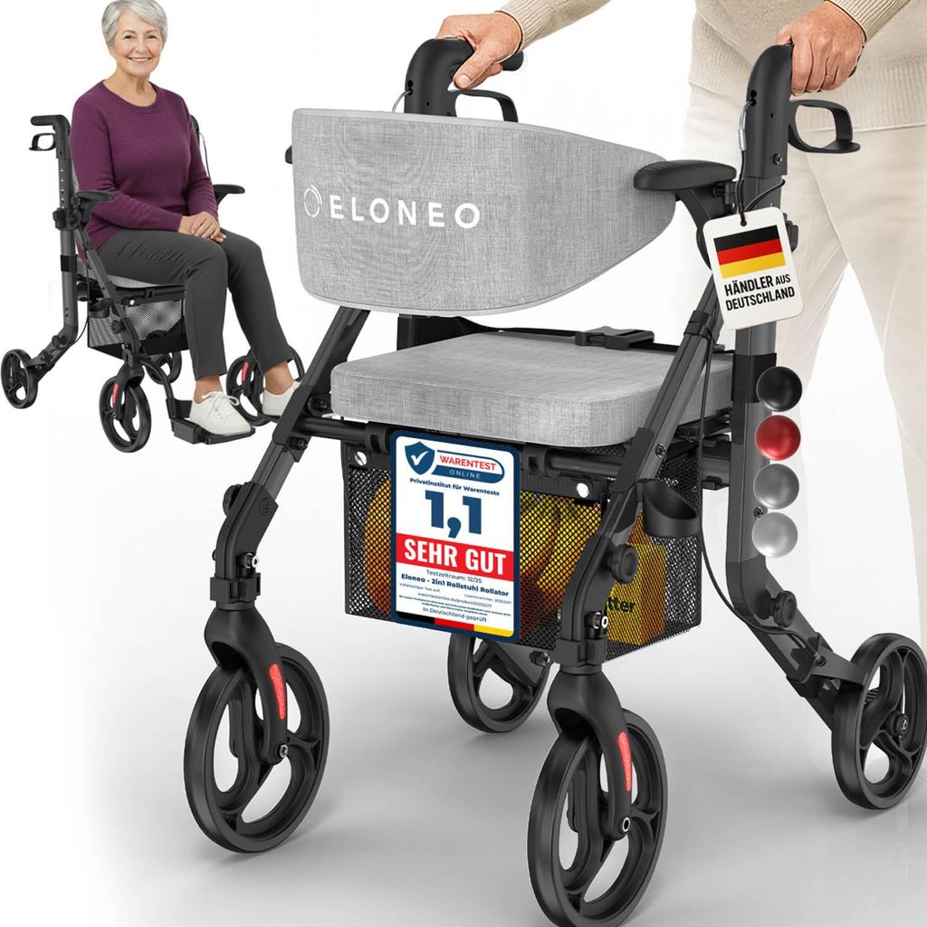 ELONEO 2in1 Rollstuhl Rollator faltbar und leicht mit Sitz, Produktbild 