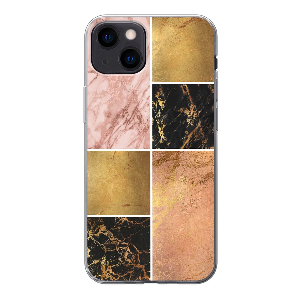 MuchoWow Handyhülle Schutzhülle Hülle für iPhone 13 Marmor - Rosa - Gold Silikon Softcase Handy Hülle - Karteninhaber