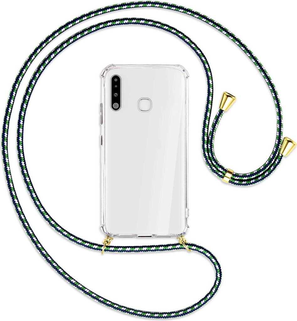 Handykette Backcover-Schutzhülle mit Band (Metall goldfarben) für Samsung Galaxy A70e - grün/blau/weiß