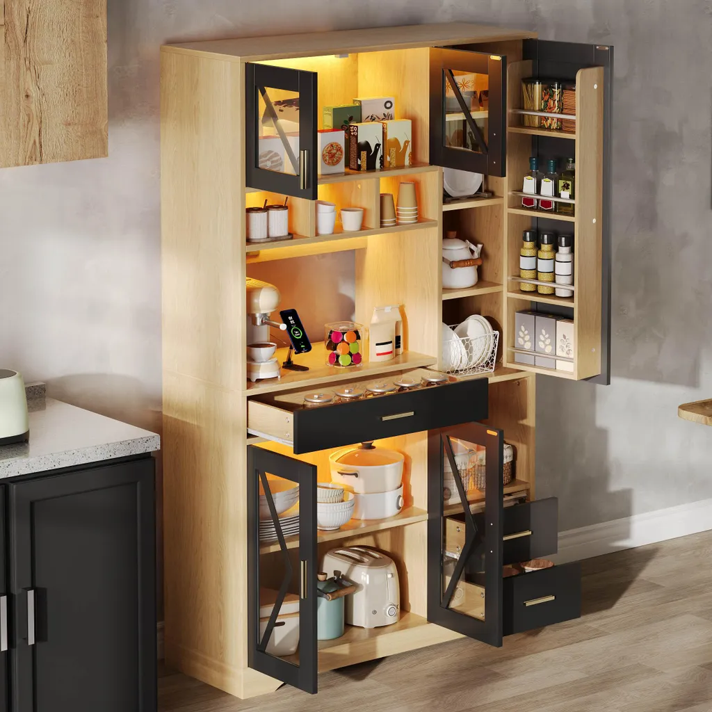 Buffet de Cuisine Noir avec Vitrine LED et Prises Secteur Intégrées - 5