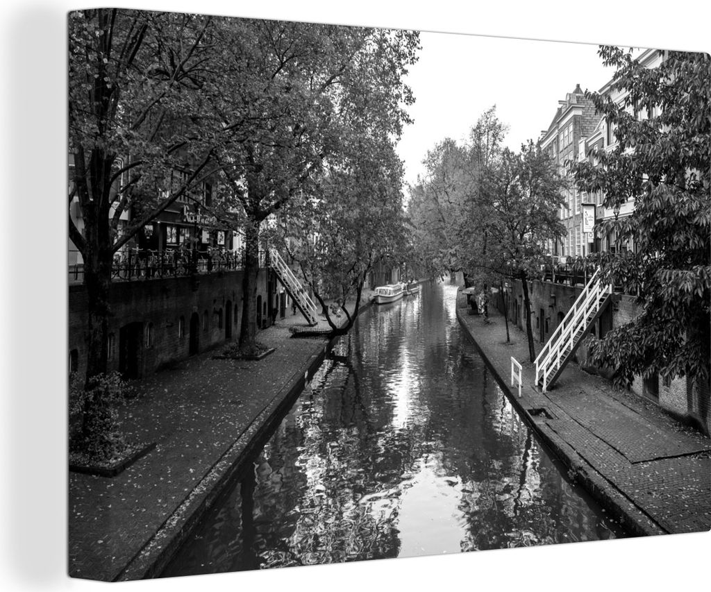 OneMillionCanvasses - Leinwandbilder - 140x90 cm, Blick auf die Alte Gracht in Utrecht - schwarz-weiß, Wandbilder Kunstdruck Wanddekoration
