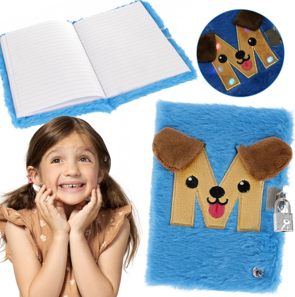 Blaues, plüschiges Tagebuch HUND mit Vorhängeschloss, LED Notizbuch für Kinder