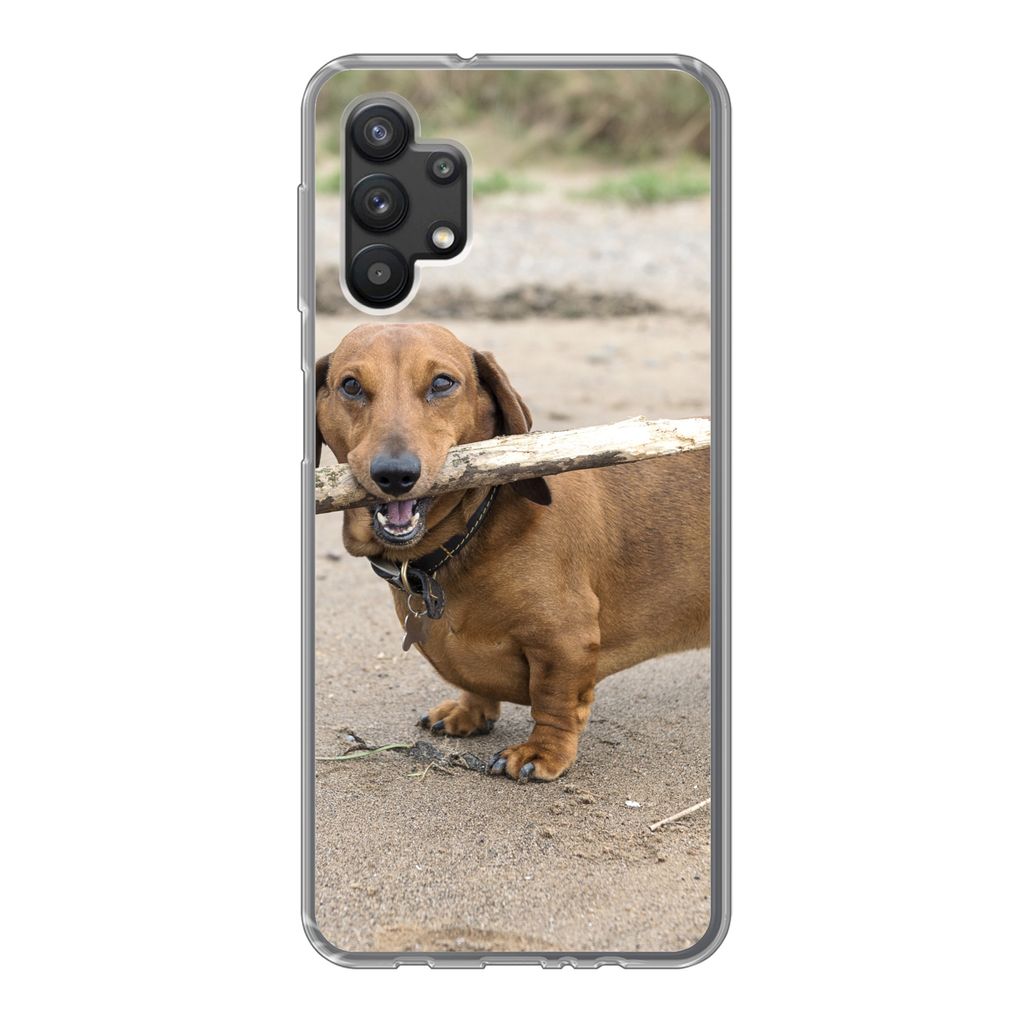 MuchoWow Handyhülle Schutzhülle Hülle für Samsung Galaxy A32 5G Ein schöner Dackel mit einem Stock im Maul Silikon Softcase Handy Hülle - S...