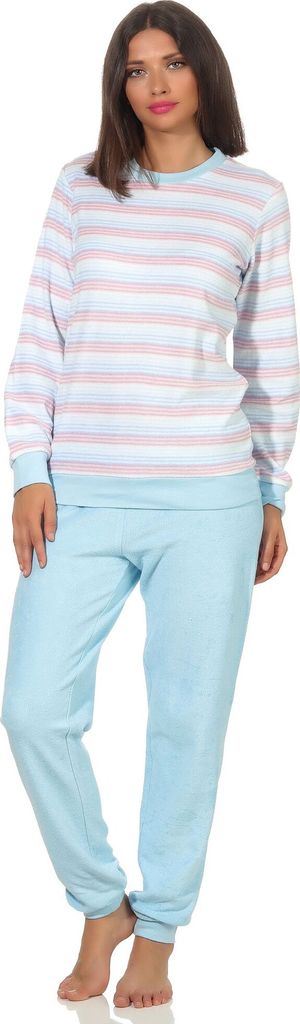 Damen Frottee Schlafanzug mit Bündchen Pyjama in edler Streifenoptik - 202 201 13 362 ; hellblau , 40/42