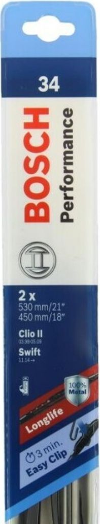 Bosch 34 Twin, Scheibenwischerblatt, Schwarz, Metall, Gummi, Punto, Clio II, Avensis, WEEE, CTP, 70 mm