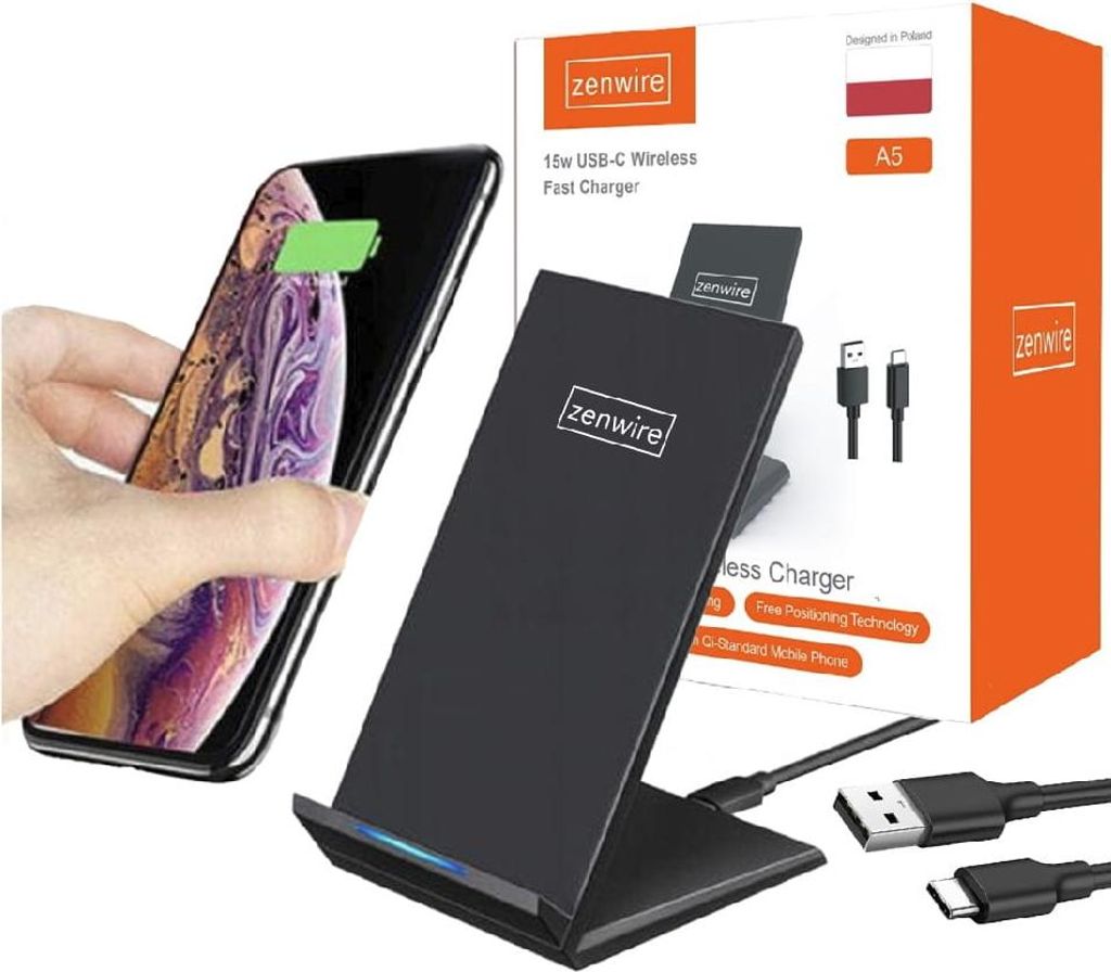 A hand is placing a smartphone on a black wireless charger, with the product packaging in the background.