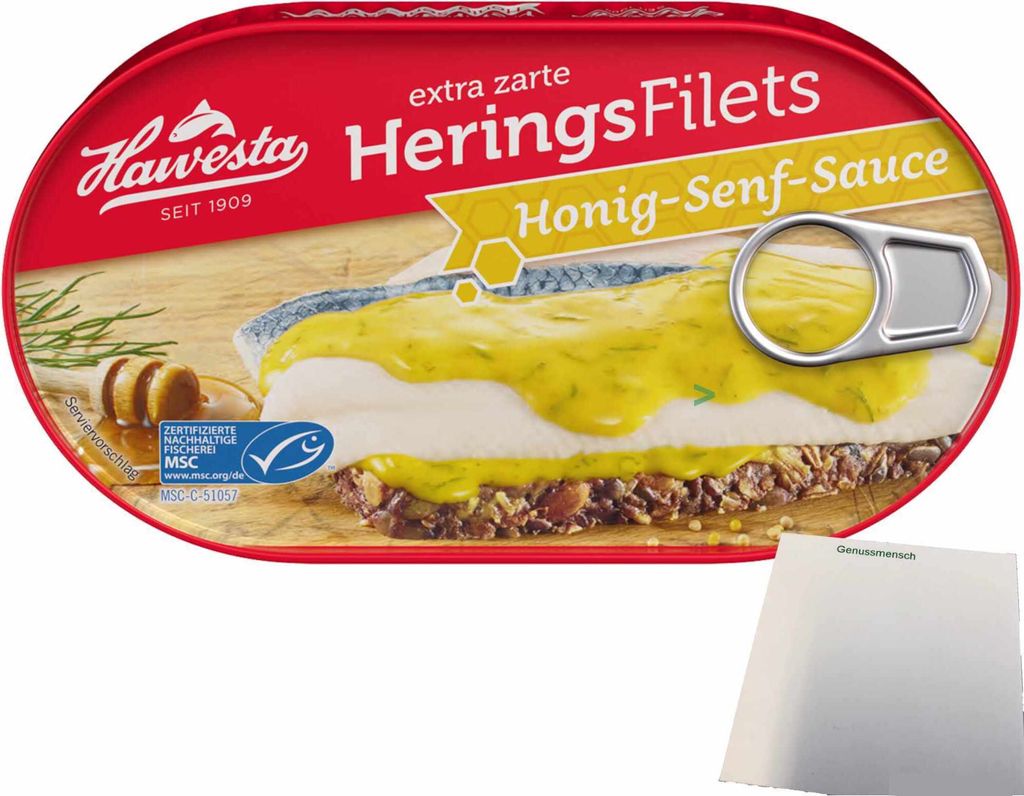 Hawesta Heringsfilets extra zart in Honig-Senf-Creme MSC (1x190g Dose) + usy Block