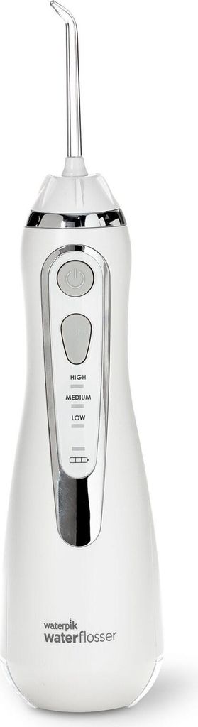A white Waterpik water flosser is shown against a white background.