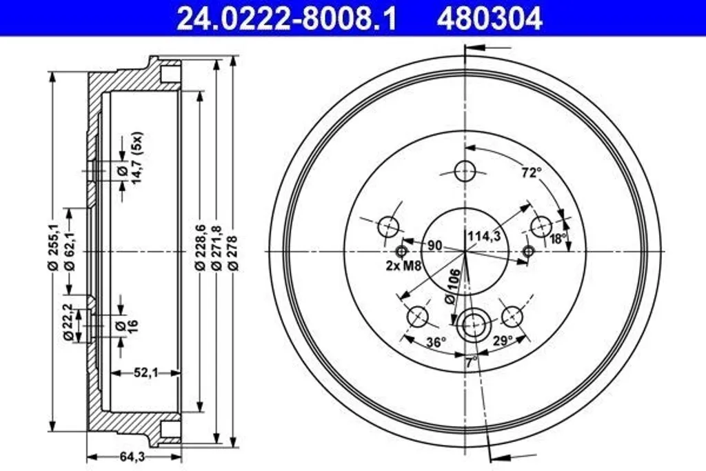 Tambour de frein haute qualité ATE 24.0222-8008.1 fonte renforcée RAV4