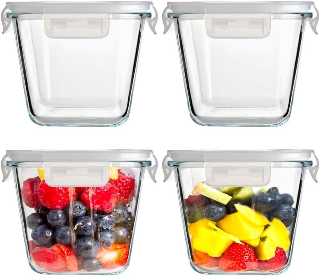 Set mit 4 Glasbehältern, 880 ml. Geeignet zur Aufbewahrung, Mikrowelle, Gefrierschrank und Backofen.