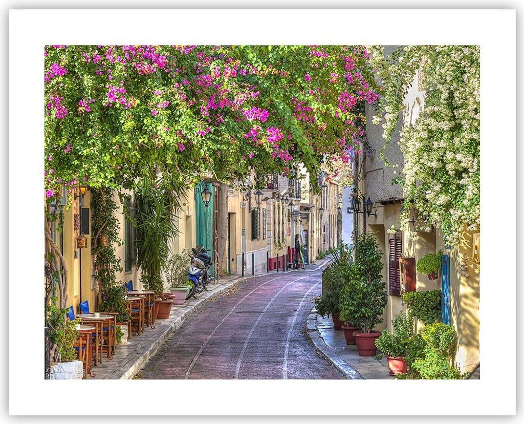 Poster - Poster ohne Rahmen - Straße dekoration blumen griechenland - 50x40 cm - Wand Bild - Wanddeko - Wandbilder - Kunstposter - Wandposter - Bi...