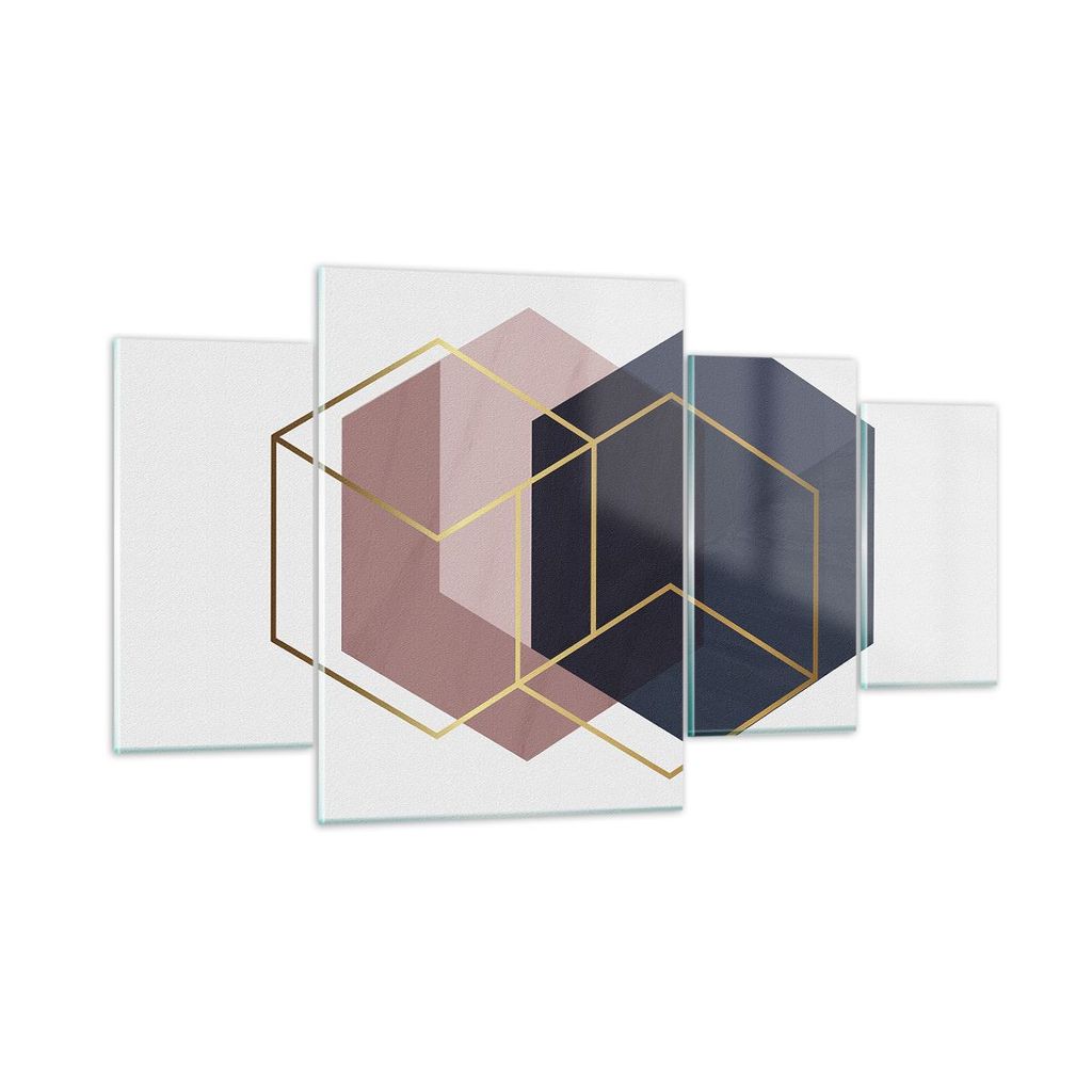 Bilder auf glas - 4 Teile - Sechsecke Modern Gold - 160x90cm - Glasbilder - Wandbilder - Bilder - zum Aufhängen bereit - Wanddekoration aus Glas -...