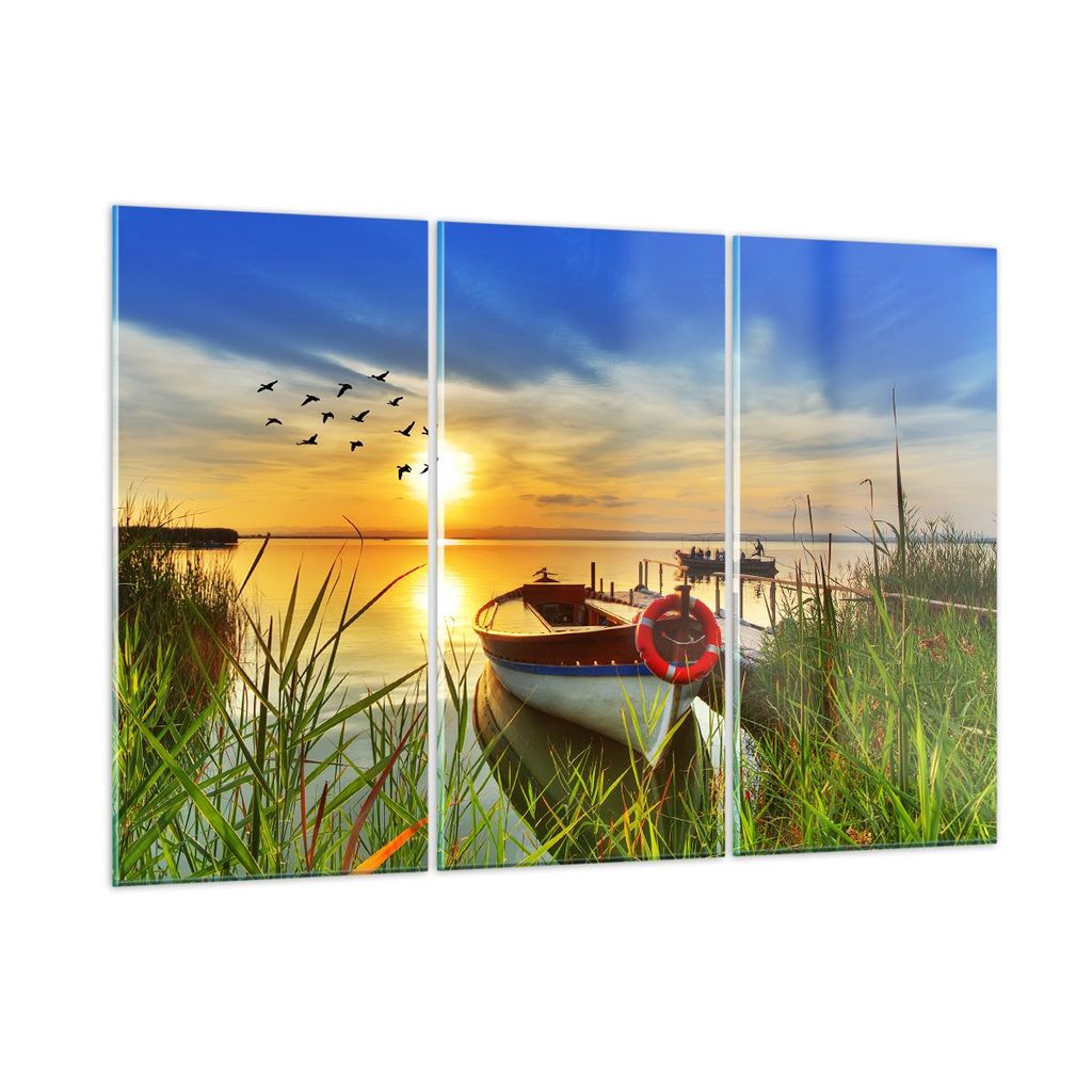 Bilder auf glas - Boot See Sonnenuntergang Sommer Menschen - 105x70cm - Glasbilder - Wandbilder - Kunstdruck - Wanddekoration aus Glas - Glas Bilde...