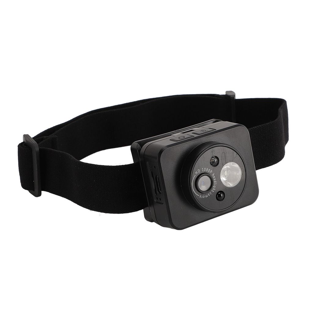A black head-mounted camera with an adjustable strap against a white background.