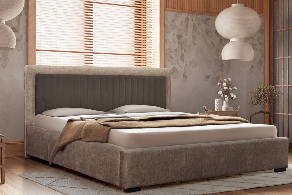 Polsterbett 200 x 200 cm mit Bettkasten und Matratze, Bonellmatratze H3, LED-Beleuchtung Braun Veneto