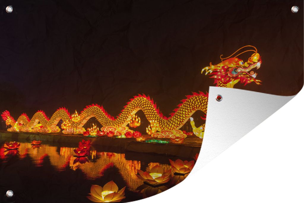 MuchoWow 120x80 cm Outdoor-Poster Gartendeko Sichtschutz Garten Poster für den Garten Ein chinesischer Drache mit Licht