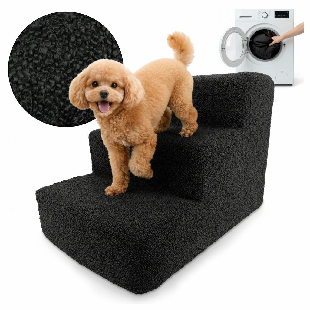 Muralo Treppe für Hund und Katze Rampe HUNDTREPPE Treppe für Haustiere 3 Stufen Schwarz Bouclé Stoff