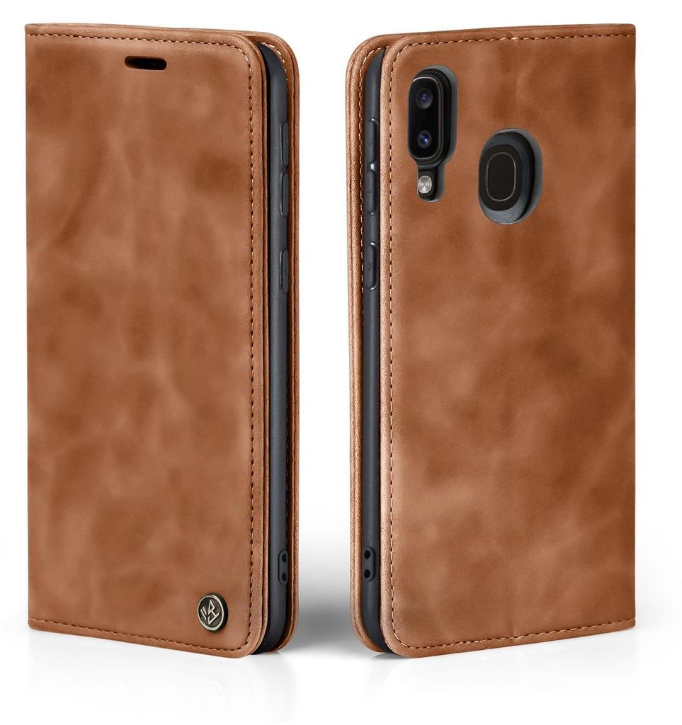 A brown leather flip case for a smartphone is shown from two angles.