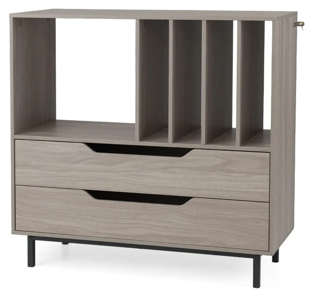 Meuble pour platine vinyle gris avec 4 niches et 2 tiroirs de rangement