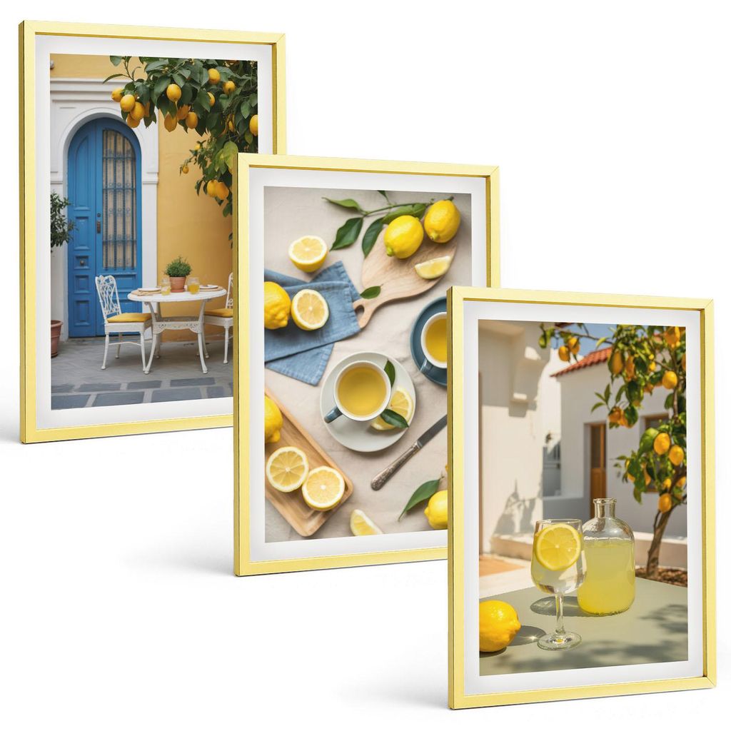 Bilder Set 3-teilig im Goldrahmen Rahmen – Wandbilder 3 Stück – gerahmte Poster für Wohnzimmer, Schlafzimmer und Flur – 40x60 cm – Zitron...