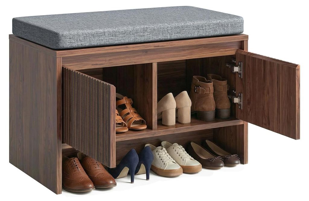 eGenuss Schuhbank mit Stauraum in Walnuss Optik, gepolsterte Sitzbank mit Kissen, Schuhschrank mit Türen und offener Ablage, Lamellen Design, Soft...