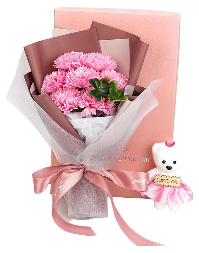 Valentinstag-Blumenstrauß mit Bär und Geschenkbox, 7 duftende Seifenblumen, künstlicher Rosen-Nelkenstrauß für Frauen, Mütter, Geburtstag, Ja...
