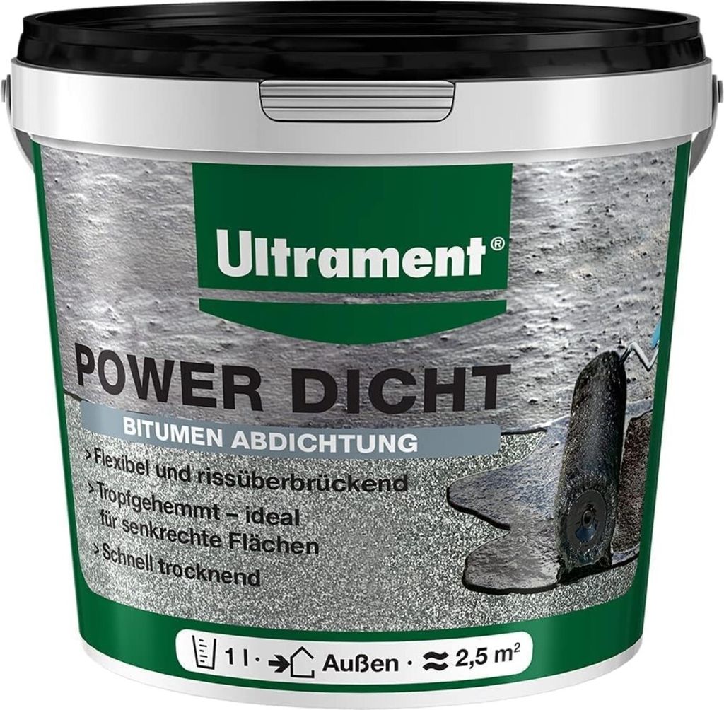 A bucket of Ultrament Power Dicht bitumen sealant.