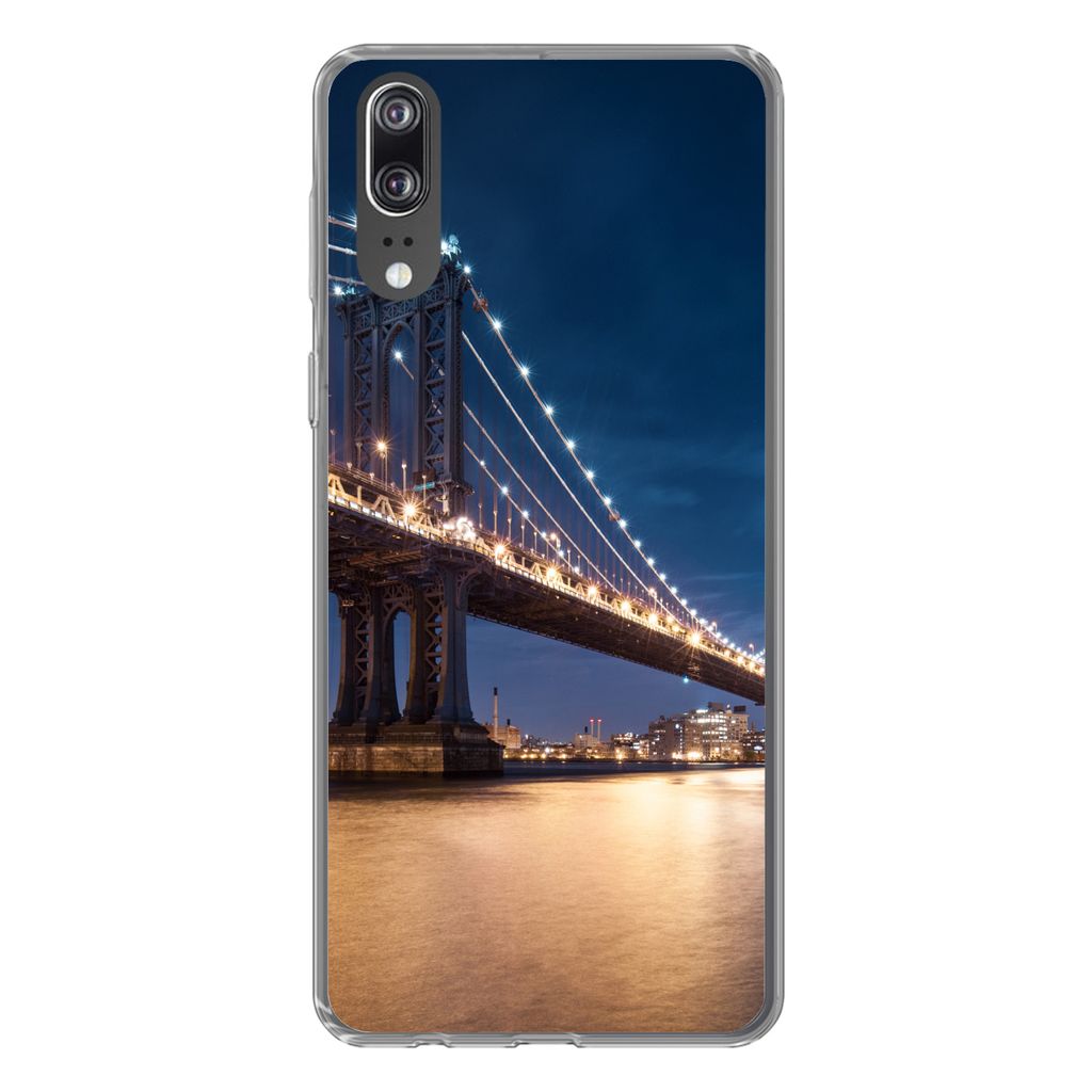 MuchoWow Handyhülle Schutzhülle Hülle für Huawei P20 New York - Manhattan - Mond Silikon Softcase Handy Hülle - Hardcover