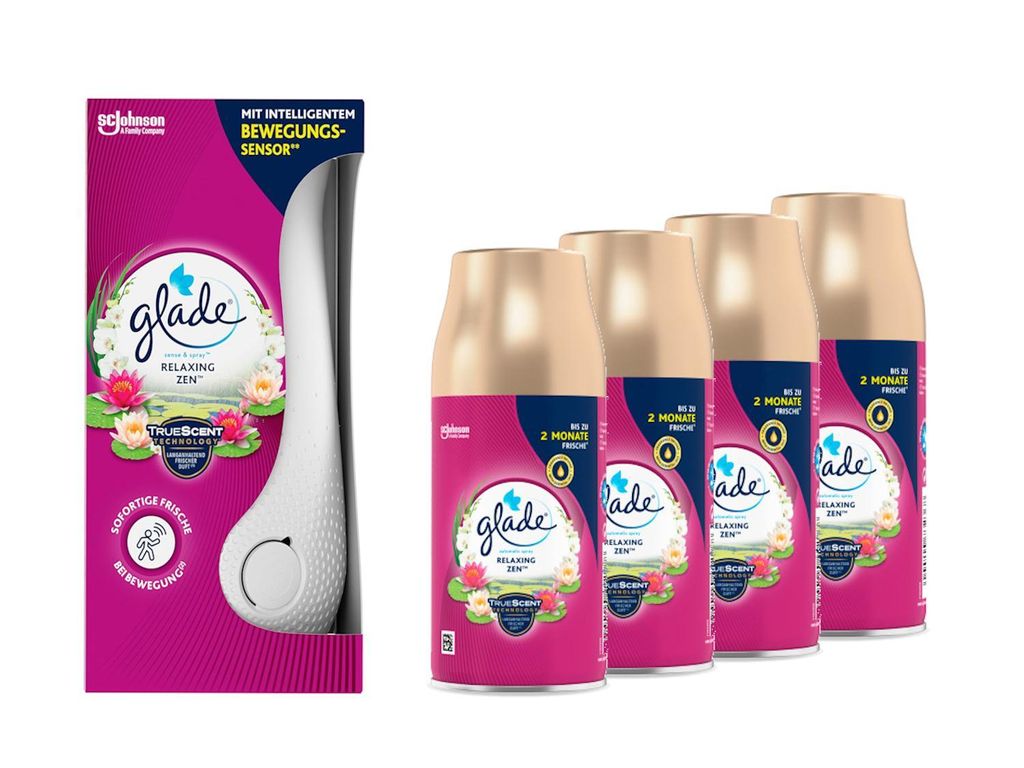 Glade Automatic Spray Halter + 5 Nachfüller Relaxing Zen, 269ml, Lufterfrischer, Raumduft, Vorratspack