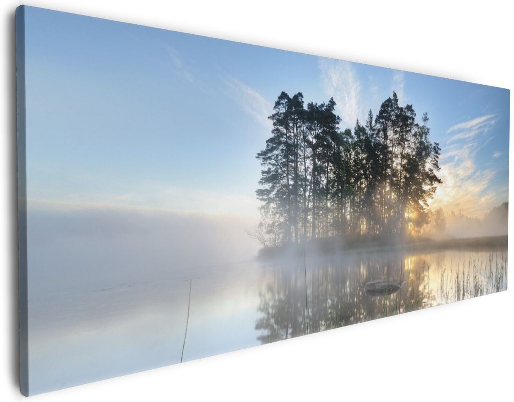 Wallario Premium Leinwandbild Stiller See mit Insel im Morgennebel in Größe 80 x 200 cm