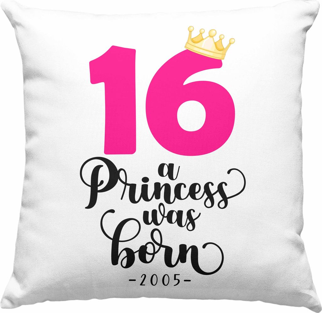 Trendation - 16. Geburtstag Mädchen Deko-Kissen mit Füllung 40x40 Geschenk zum Sechtzehnten Geburtsagsparty Grafik Krone 16 Jahre Alt Teenager P...