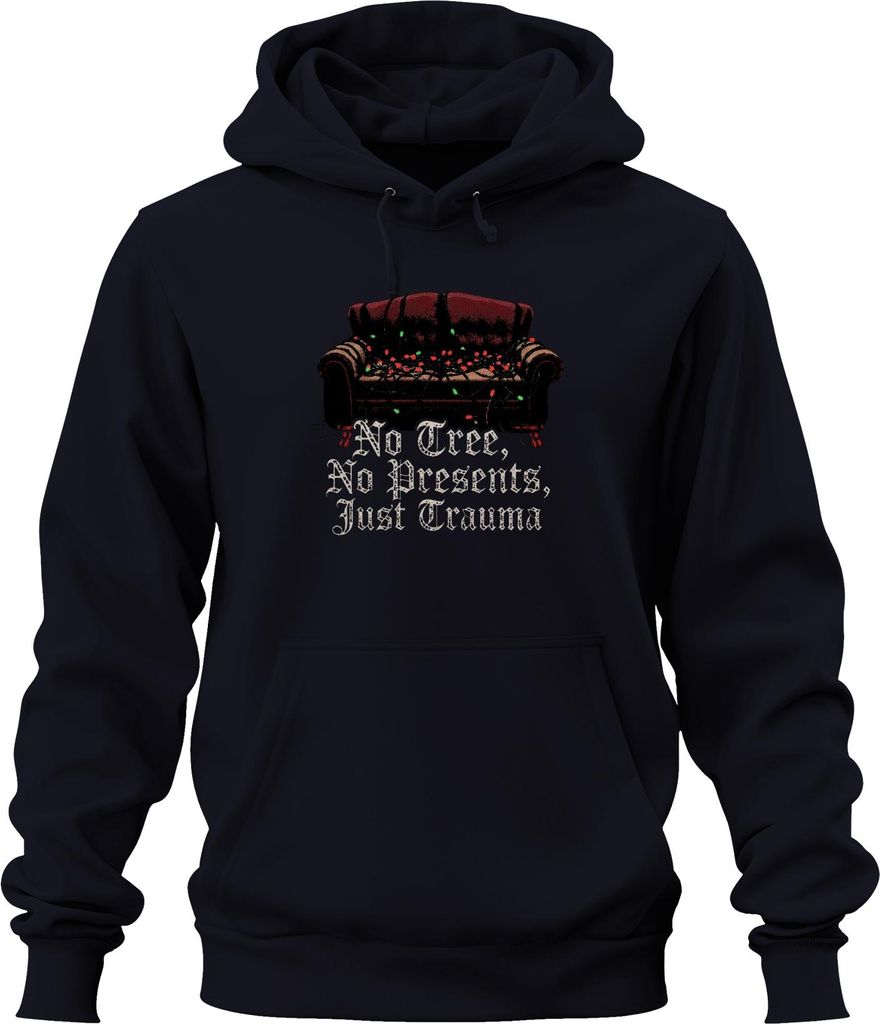 No Tree No Presents Just Trauma Weihnachten Sofa Lichterkette Uni Hoodie Kapuzenpullover, Navy, XXL