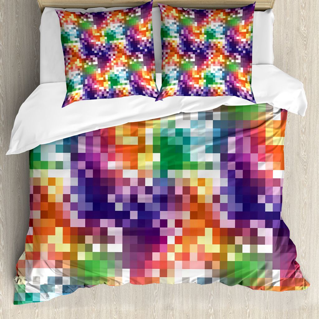 ABAKUHAUS Bunt Bettbezugs Set Für Doppelbetten, Regenbogen farbiges Quadrat, Milbensicher Allergiker geeignet mit Kissenbezügen, Mehrfarbig