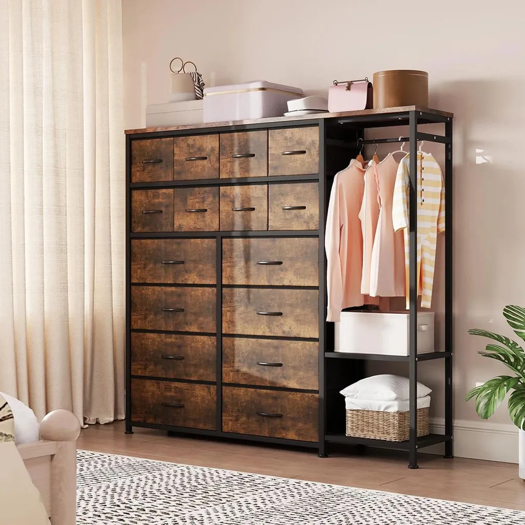 Commode 16 tiroirs avec penderie et structure métal marron robuste - 6