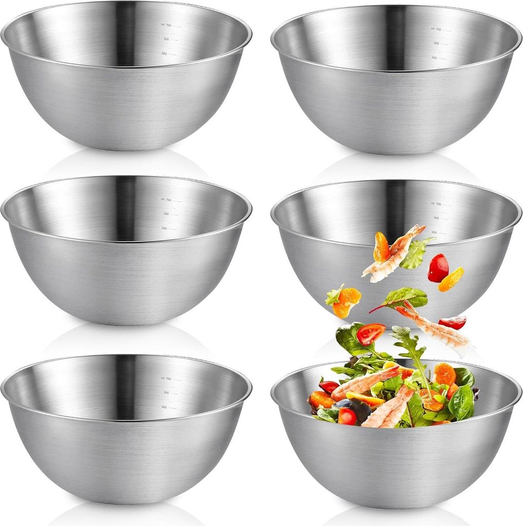Set von 6 rostfreien Stahl-Schüsseln, Rührschüssel aus rostfreiem Stahl, Salatschüssel aus rostfreiem Stahl, rostfreie Rührschüssel, Backlage...