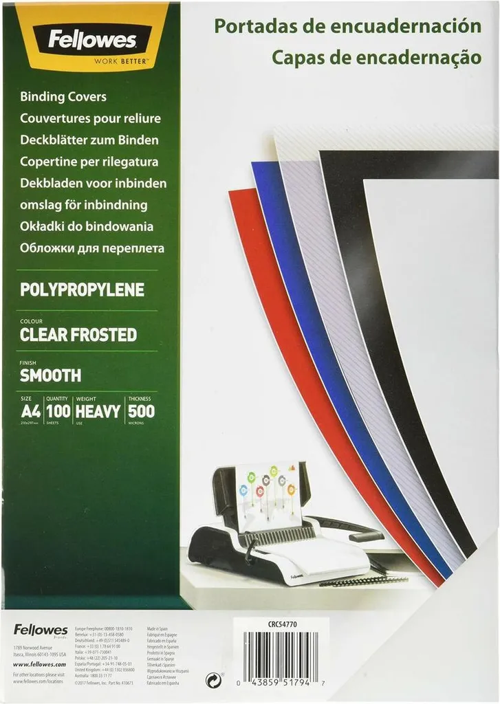 Fellowes 54770 Copertine A4 Trasparenti - 100 Pezzi Polipropilene 450 mic