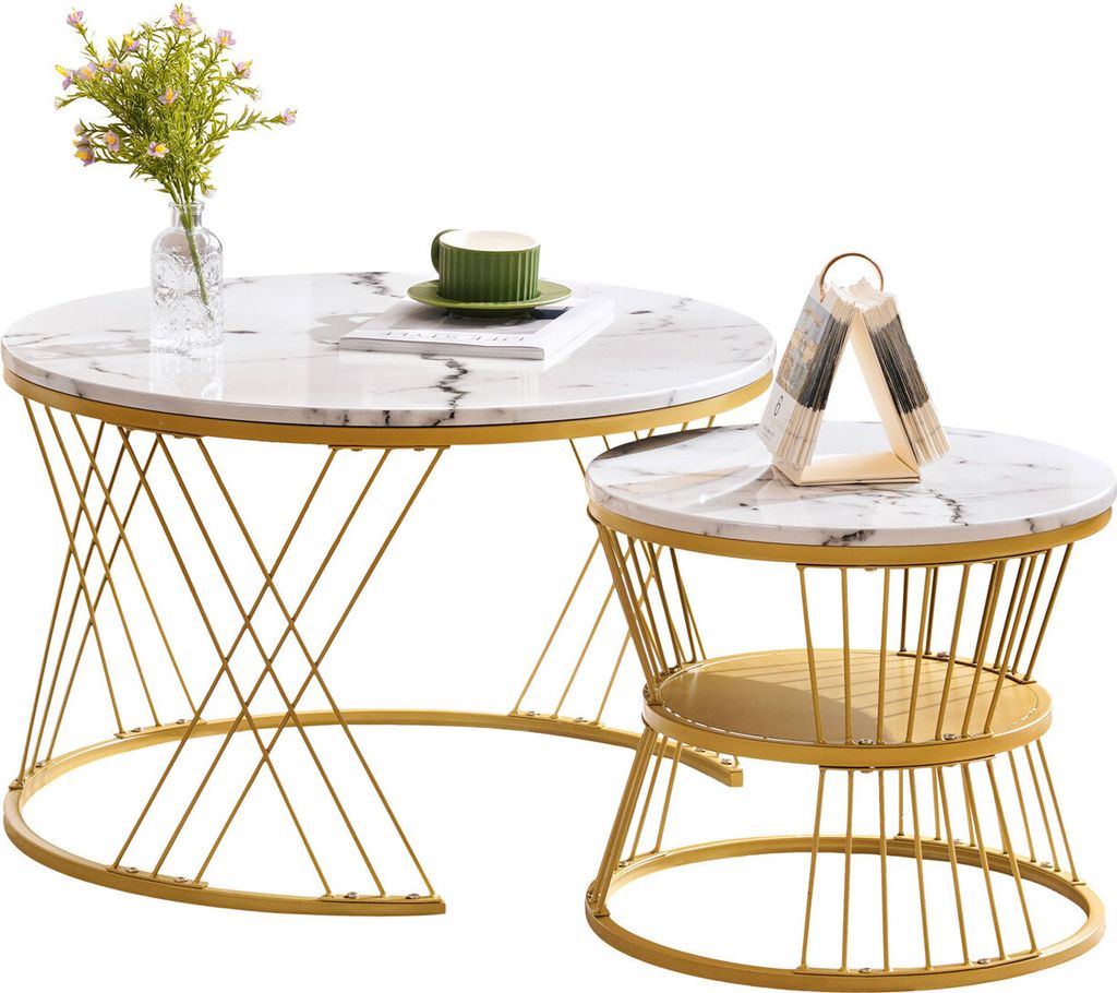 Moderne Nesting Couchtisch, Hochglanz Couchtisch Satz ,Marmor Furnier Sofa Seite Nest von Tischen Runde Endtische, Satz von 2, Goldene Farbe Frame