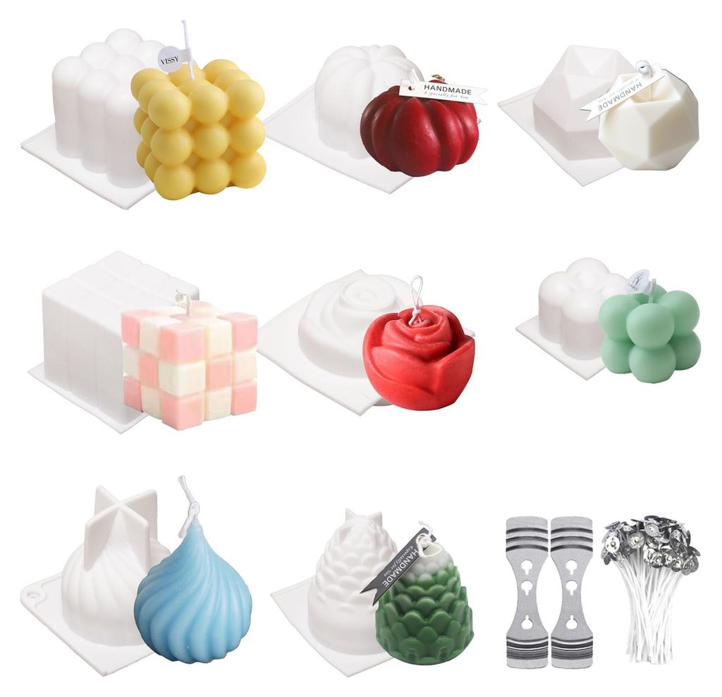 Set mit 8 Silikon-Kerzenformen, DIY-Kerzenherstellungsset, Blasenkerzenformen-Set, tannenzapfenförmige Silikonformen mit 50 Dochten und 2 Dochthal...