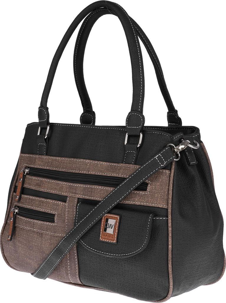 Große Damen Tasche Schultertasche Umhängetasche Henkeltasche Leder Optik Bag Schwarz-Apricot