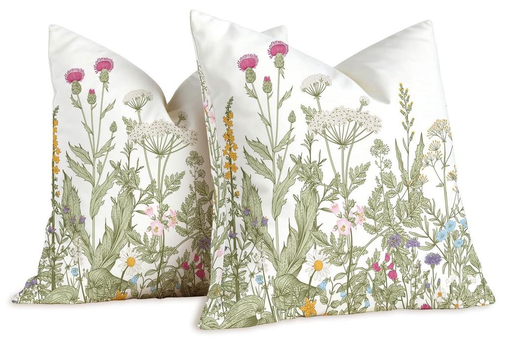 Wasserfeste Outdoor-Kissenbezüge, 45 x 45 cm, salbeigrün, dekorative Kissenbezüge mit Wildblumenmuster für das Sofa, Frühling und Sommer, 2er-...