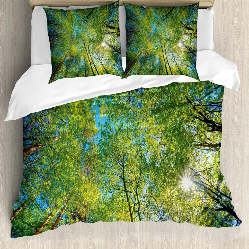 ABAKUHAUS Set copripiumino per letti matrimoniali, sempreverde Area naturale Cielo, antiacaro Adatto a chi soffre di allergie con federe, verde felce Cielo blu scuro